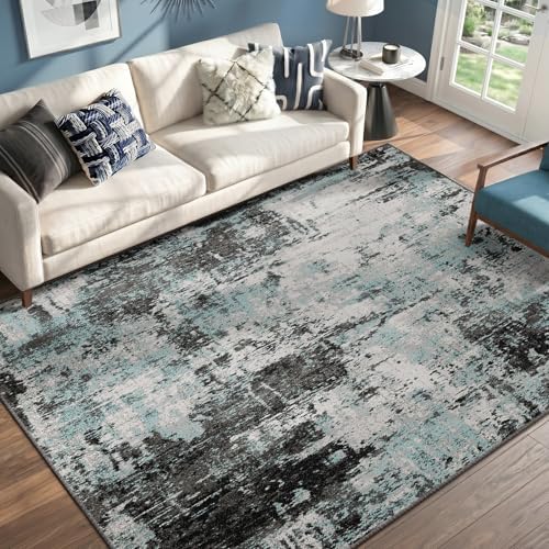 RELEANY Washable 5'x7' Abstract Area Rug for Living Room Teal Black by RELEANY