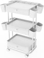 3 Tier Drawer Beauty Cart with 12 Movable Storage Organizer, Thickened ABS & 360° Wheels for Salon Station for Hair Stylist, Beauty Salon, Spa Massage Parlor, Makeup Organizer and More - White