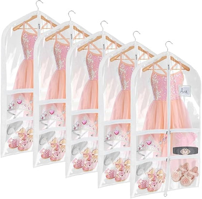 Univivi Clear PVC Dance Costume Garment Bag 40 Inch Hanging Garment Bag for Dance for Kids, with 4 Medium Clear Zipper Pockets and 1 Large Back Zippered Pocket (5 Pack)