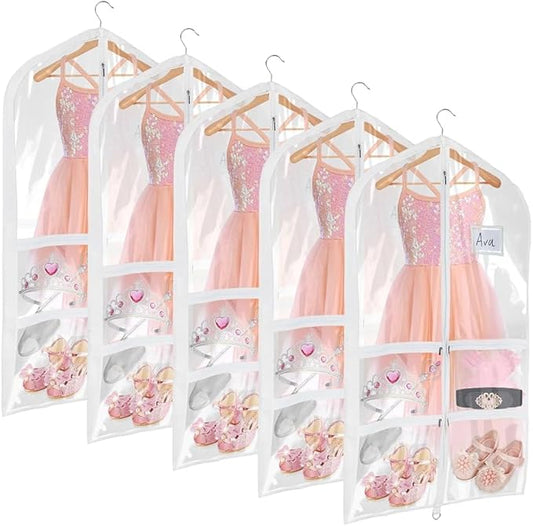 Univivi Clear PVC Dance Costume Garment Bag 40 Inch Hanging Garment Bag for Dance for Kids, with 4 Medium Clear Zipper Pockets and 1 Large Back Zippered Pocket (5 Pack)