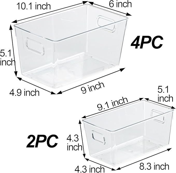 ZEXALOR 6pcs Plastic Storage Bin 2-Size Clear Storage Containers for Kitchen Pantry Organization and Storage Bins, Organizing Bins with Built in Handles, Cabinet Organizers, Clear