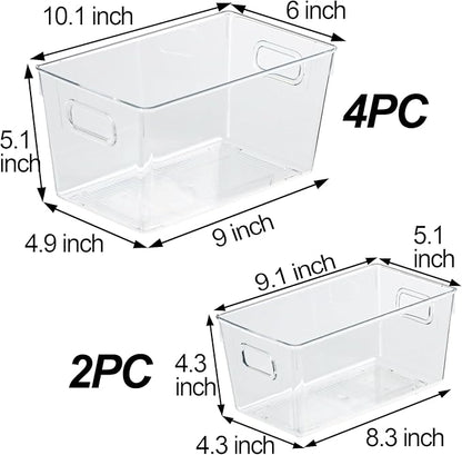 ZEXALOR 6pcs Plastic Storage Bin 2-Size Clear Storage Containers for Kitchen Pantry Organization and Storage Bins, Organizing Bins with Built in Handles, Cabinet Organizers, Clear
