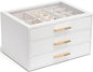 VLANDO Jewelry Box for Women, Glass Lid Jewelry Organizer with 3 Drawers for Necklaces Rings Earrings Bracelets Christmas Gift - White