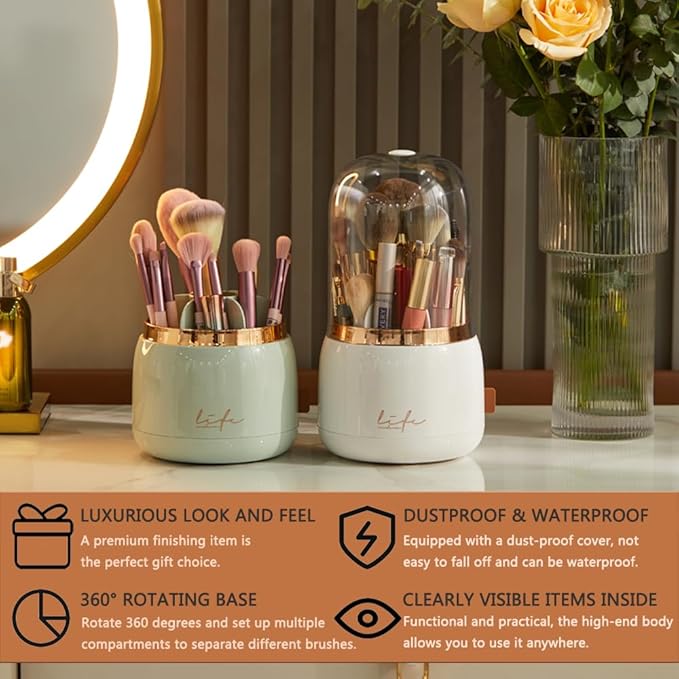 Upgrade Makeup Brush Holder Organizer with Lid, Automatic Lifting Dustproof Makeup Brushes Organizer with 4 Compartments for Vanity，Cosmetic Storage for Dresser Countertop (White transparent)
