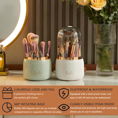 Upgrade Makeup Brush Holder Organizer with Lid, Automatic Lifting Dustproof Makeup Brushes Organizer with 4 Compartments for Vanity，Cosmetic Storage for Dresser Countertop (White transparent)