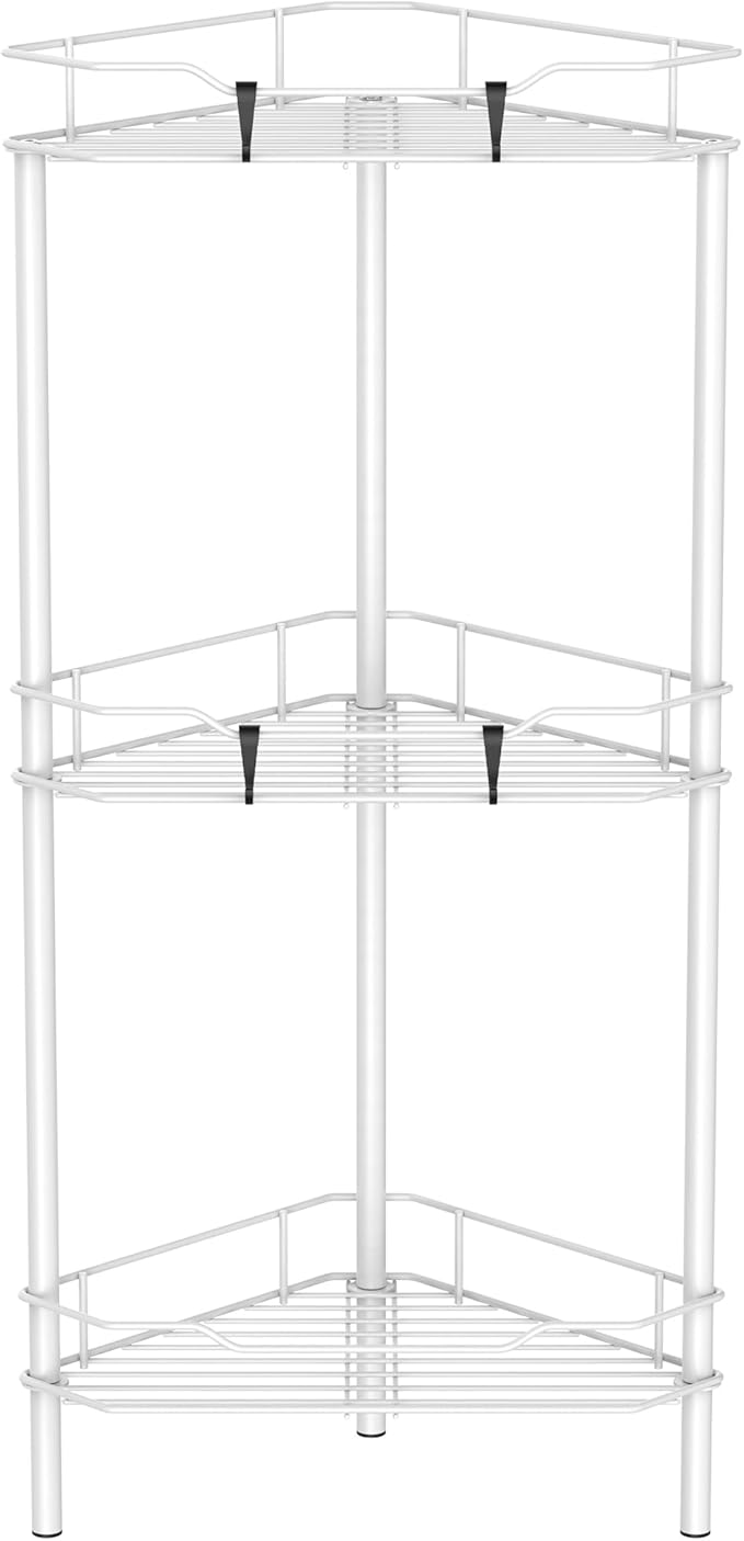 HuggieGems 3 Tier Floor Standing Corner Shower Caddy Organizer Shelf with Hooks, Bathroom Shelves Stand Rack, White