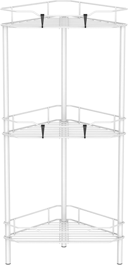 HuggieGems 3 Tier Floor Standing Corner Shower Caddy Organizer Shelf with Hooks, Bathroom Shelves Stand Rack, White