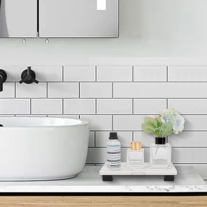 Bathroom Vanity Tray and White Marble Kitchen Soap Tray, Luxurious Small Accessory for Table/Countertop (Black-Rectangle, 8" x 4" x 1")