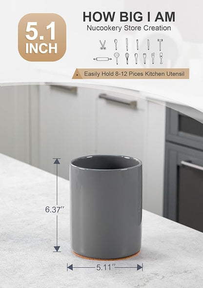 Nucookery Utensil Holder, 6.4" Ceramic Kitchen Utensil Holder for Countertop with Protection Cork Bottom, Vintage Farmhouse Kitchen Decor for Counter (Gray)