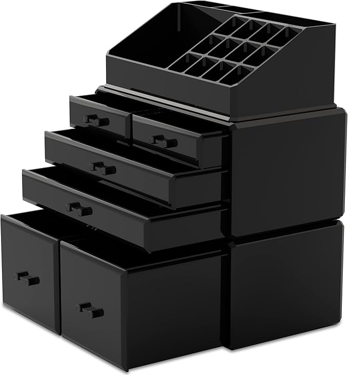 READAEER Makeup Organizer 3 Pieces Cosmetic Storage Case with 6 Drawers (Black)