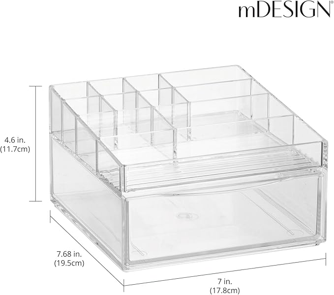 mDesign Plastic Divided Makeup Organizer Holder Bin with Front Drawer for Bathroom Vanity, Countertop Storage - Cosmetic Organization Holds Palettes, Brushes, Accessories - Cadi Collection - Clear