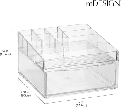 mDesign Plastic Divided Makeup Organizer Holder Bin with Front Drawer for Bathroom Vanity, Countertop Storage - Cosmetic Organization Holds Palettes, Brushes, Accessories - Cadi Collection - Clear