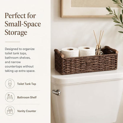 Brown Woven Bathroom Basket with Wood Handles — Toilet Paper Storage Organizer, Back of Toilet Wicker Basket, Dark Brown Boho Bathroom Decor Tray for Tank Top or Shelf