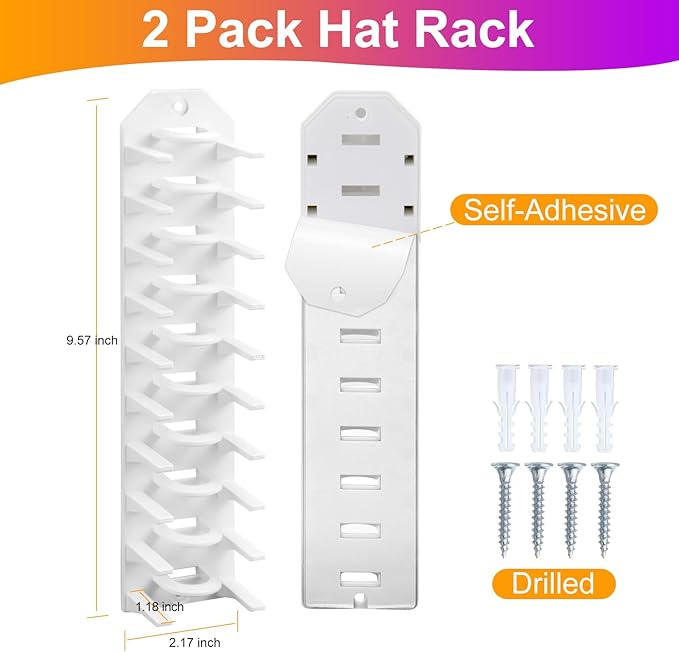 Hat Organizer for Baseball Caps, 2 Pack Hat Rack for Wall, Wall Mounted Adhesive Cap Rack, Hat Holder Hanger Hold Up to 20 Cap, Baseball Hat Storage Organizer for Door, Closet, Bedroom (White)
