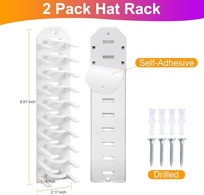 Hat Organizer for Baseball Caps, 2 Pack Hat Rack for Wall, Wall Mounted Adhesive Cap Rack, Hat Holder Hanger Hold Up to 20 Cap, Baseball Hat Storage Organizer for Door, Closet, Bedroom (White)