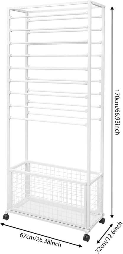 20-Tier Double-Sided Ribbon Holder Organizer Rack with Storage Basket & Wheels, Multifunctional Flower Wrapping Paper Display Stand for Craft Rooms, Flower Shops (White, 26.38''W x 12.6''D x 59.06''H)