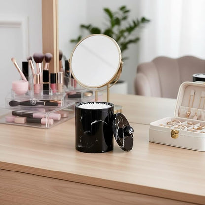 Bathroom Qtip Holder Dispenser with Lid,Vanity Cotton Swab Holder,Resin Cotton Ball Container,Makeup Sponges Cosmetics Canister,Bath Salts Storage Box for Bathroom (Marble Black)