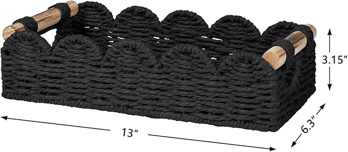 CubesLand Bathroom Basket Organizer w/Cut Out Handle, Back of Toilet Paper Storage Baskets for Bathroom Countertop Decorative, Small Scalloped Wicker Basket Also for Home Decor, Living Room, Black