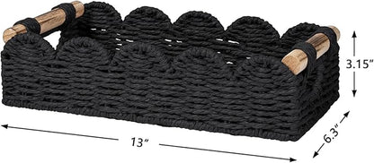 CubesLand Bathroom Basket Organizer w/Cut Out Handle, Back of Toilet Paper Storage Baskets for Bathroom Countertop Decorative, Small Scalloped Wicker Basket Also for Home Decor, Living Room, Black