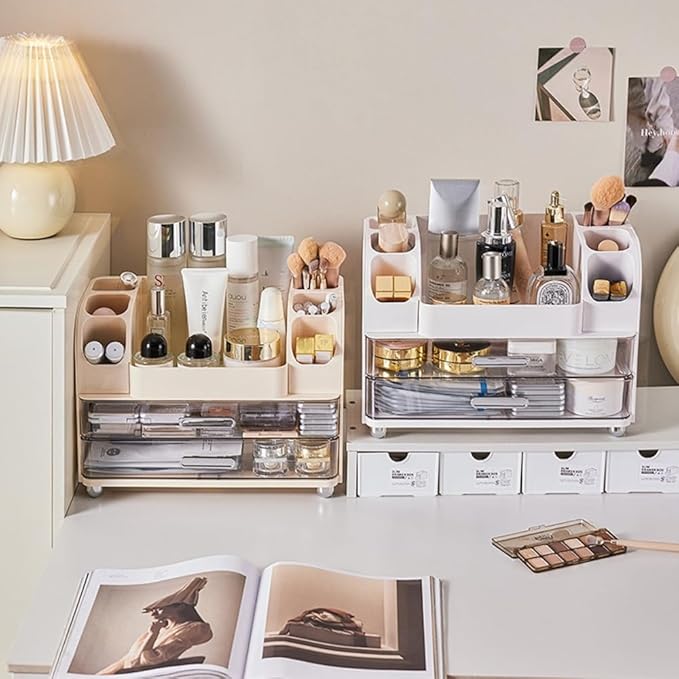 Extra Large Makeup Organizer with 2 Wide Drawers Divided Top Compartment, Spacious Cosmetic Display Case, 4 Colors Skincare Storage box for Vanity and Countertop (Beige)