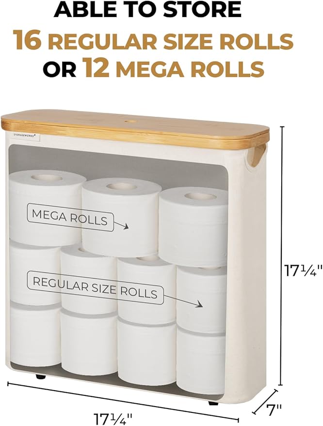 StorageWorks Large Toilet Paper Storage with Bamboo Lid, Toilet Paper Holder Basket for Up to 12 Mega or 16 Regular Size Rolls, Paper Storage Baskets for Bathroom, Beige, 1 Pack