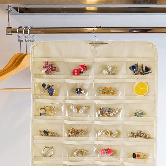 Bloss Hanging Jewelry Organizer, Double Sided 80 Pocket Jewelry Chain Storage Bag 2 Layer of Fabric Jewelry Organizer Holder for Necklace Bracelet Earring Ring Chain(Beige)