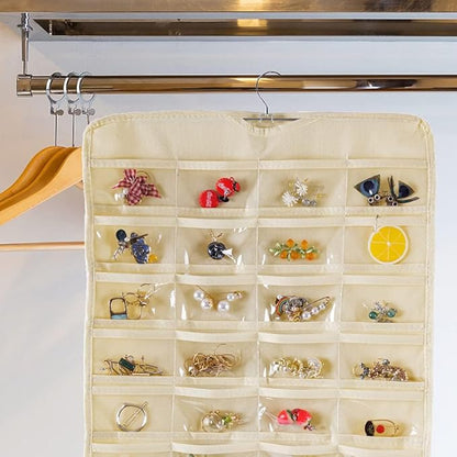 Bloss Hanging Jewelry Organizer, Double Sided 80 Pocket Jewelry Chain Storage Bag 2 Layer of Fabric Jewelry Organizer Holder for Necklace Bracelet Earring Ring Chain(Beige)