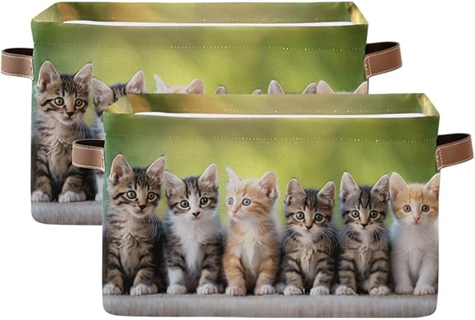 Large Storage Basket Cats Cute Kitten Storage Bin Cube Canvas Fabric Organizer Handles Collapsible for Clothes Toys Bedroom Decorative