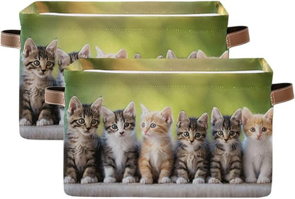 Large Storage Basket Cats Cute Kitten Storage Bin Cube Canvas Fabric Organizer Handles Collapsible for Clothes Toys Bedroom Decorative