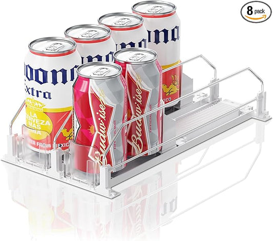 Can Dispenser for Mini Fridge (Depth ≥12.2" Required), Fits 12oz Soda, Width Adjustable Automatic Pusher, 2-Row Holds 8 Cans, White