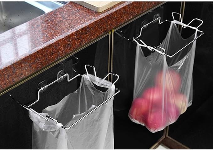 Cupboard Door Plastic Bag Holder with Metal Hanger for Over Door Use, Rubbish Bin Bag Holder Stainless Steel for Home Organization