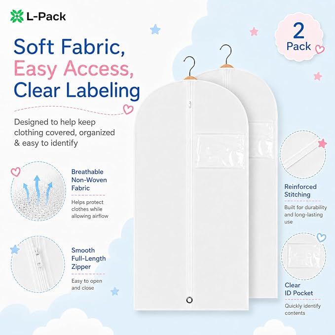 Kids Garment Bag 2 Pack for Hanging Clothes, Travel Garment Bags for Dresses, Dance Costumes & Suits, Breathable Clothes Cover for Baby Toddler Child,White, 30" x 18"