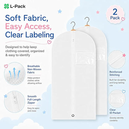 Kids Garment Bag 2 Pack for Hanging Clothes, Travel Garment Bags for Dresses, Dance Costumes & Suits, Breathable Clothes Cover for Baby Toddler Child,White, 30" x 18"