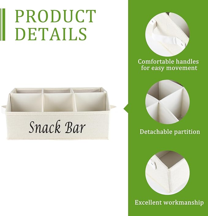 Snack Organizer for Countertop, Trapezoid Fabric Snack Bin with Side Handles, 6 Compartment Snack Basket Container, Lightweight Snack Bar Station Organizer, Kitchen Pantry Storage-Beige