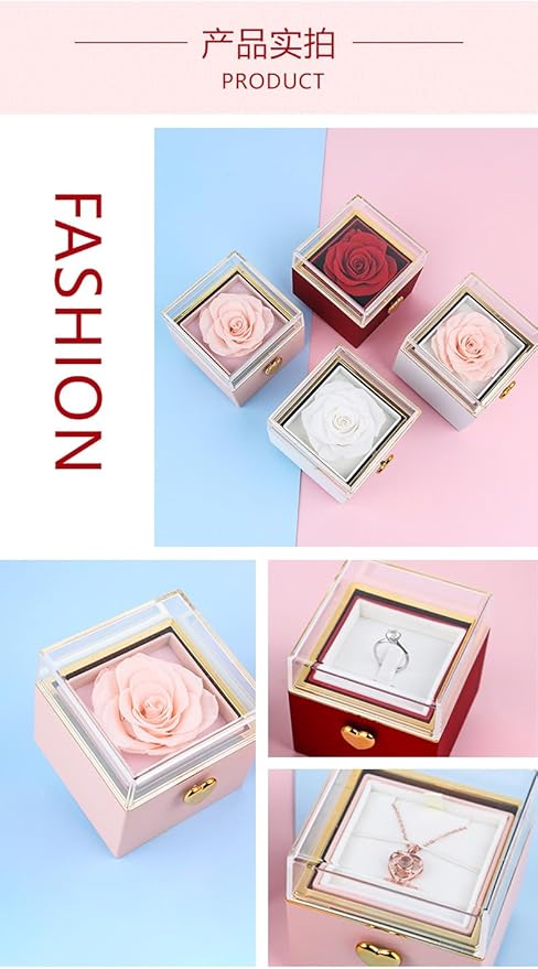 Magic Flip Jewelry Carousel with Heart Button Surprise, Rotating Transparent Gift Box - Bear Cake or Flower Design Organizer for Necklaces & Rings, Birthday Mothers Day Gifts for Women (White Flower)