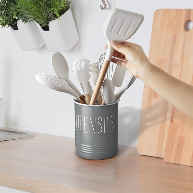 Bivvclaz Gray Kitchen Utensil Holder, 6.7" Utensil Holder for Counter, Cooking Utensil Crock with Cork Bottom, Modern Farmhouse Kitchen Decor, Countertop Utensil Storage Organizer Caddy