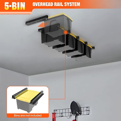 TORACK Garage 16" Studs Ceiling Bin Storage Rack, Overhead Tote Storage Rails Heavy Duty Adjustable Tote Slide Rails for 5 Bins(Bins are not included)