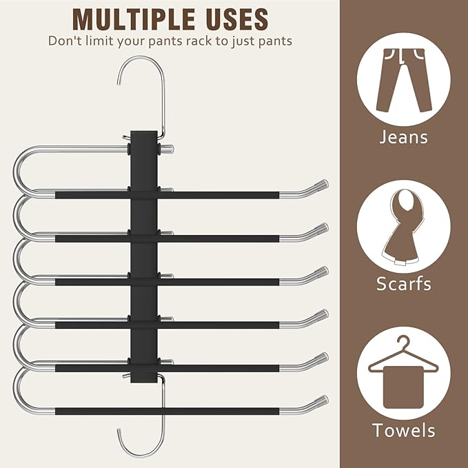 HUITEM 4 Pack 6-Tier Space Saving Pant Hangers, Anti-Slip, Lightweight, Stainless Steel, Black, 6 Pairs Jeans Hangers