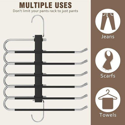 HUITEM 4 Pack 6-Tier Space Saving Pant Hangers, Anti-Slip, Lightweight, Stainless Steel, Black, 6 Pairs Jeans Hangers