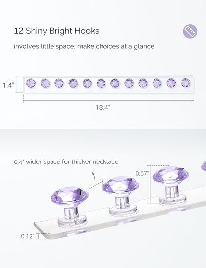 Acrylic Necklaces Holder Wall Mounted Necklace Hangers Hanging Jewelry Organizer with 12 Hooks, Clear Jewelry Hangers for Necklace Organizer for Girls Women, Necklace Hooks for Wall (Purple, 2 Pack)