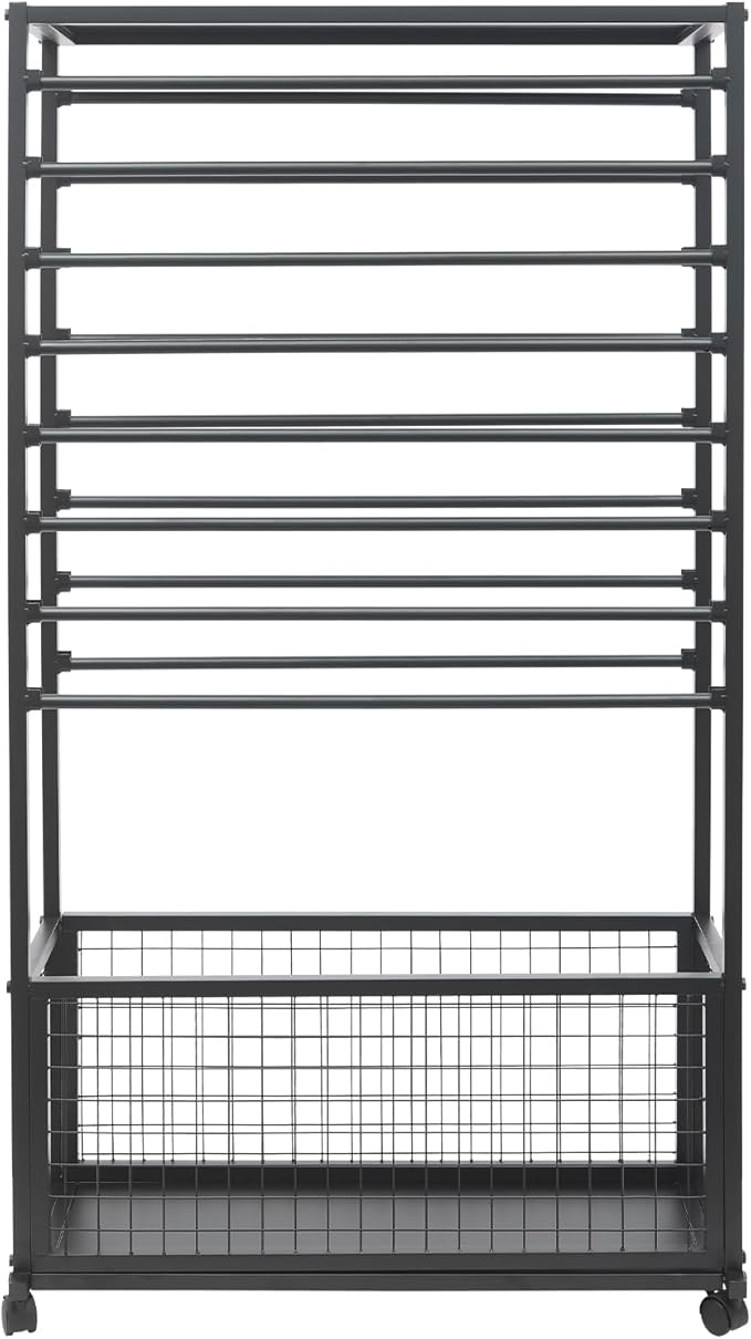 Commercial Ribbon Holder Organizer w/ 16 Rods & Locking Wheels - 59" Mobile Craft Storage for Florists, 4-Tier w/Mesh Basket (Black, 31.5 * 12.6 * 59.06in)
