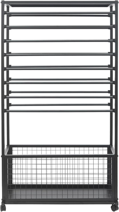 Commercial Ribbon Holder Organizer w/ 16 Rods & Locking Wheels - 59" Mobile Craft Storage for Florists, 4-Tier w/Mesh Basket (Black, 31.5 * 12.6 * 59.06in)