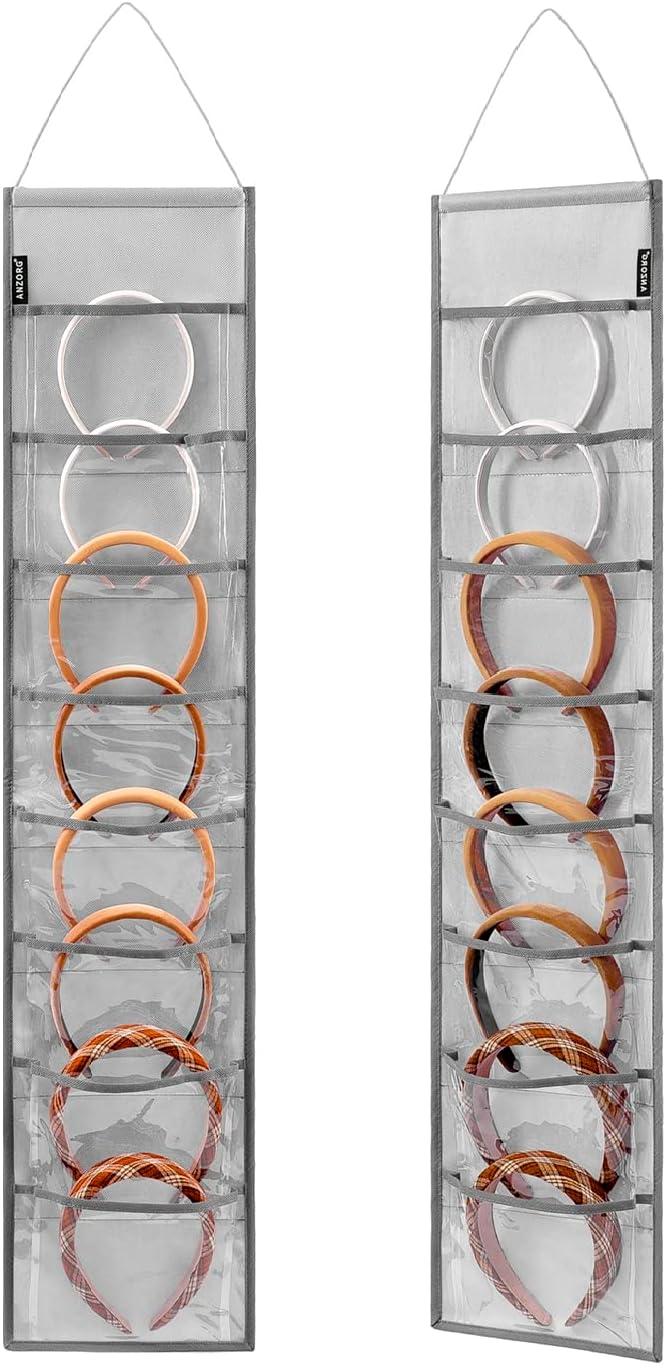 Wall Hanging Headband Organizer Ribbon Hair Hoops Storage Hairbands Hair Accessory Holder with Clear Pockets (GREY-8 POCKETS-2 Pack)