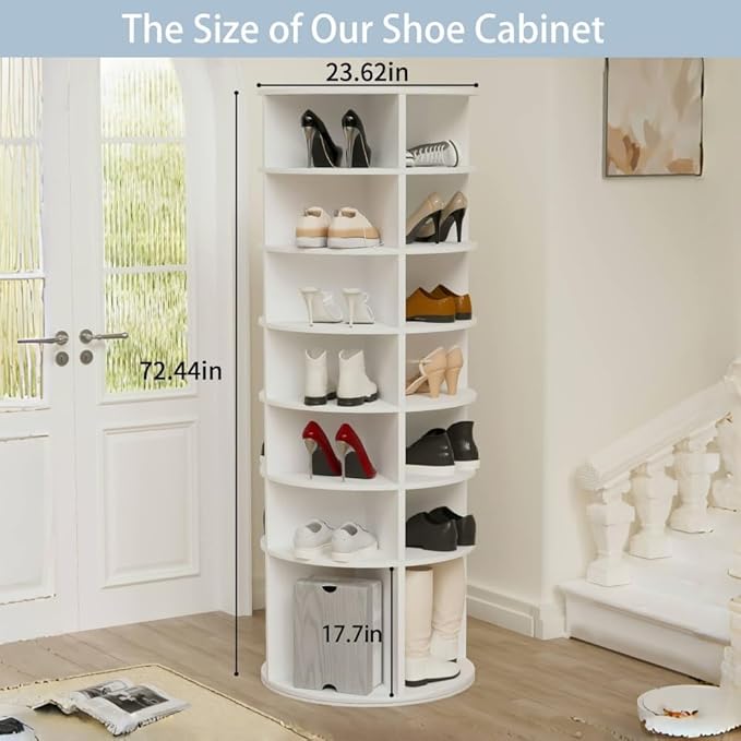 Shoe Organizer, 7 Tier Rotating Shoe Rack Tower, Spinning Shoe Display, High Bottom Design Shoe Tower Spinning Storage, Revolving Rack 360, Closet Handbag Display Rotate Organizers (White01)