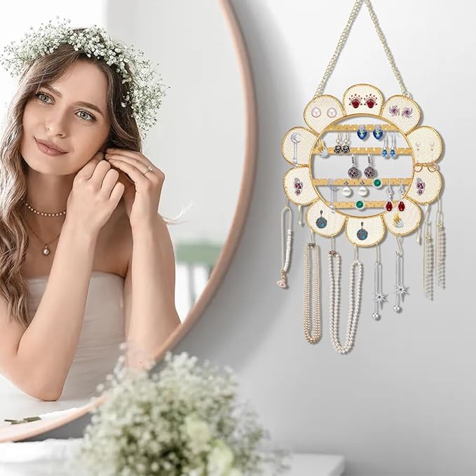 Sunflower Wall Mounted Earring Holder Rack Jewelry Organizer Wall Grid Organizer Necklace Holder Hanging Jewelry Storage for Necklaces Bracelet Stud Earrings Display (Flower)