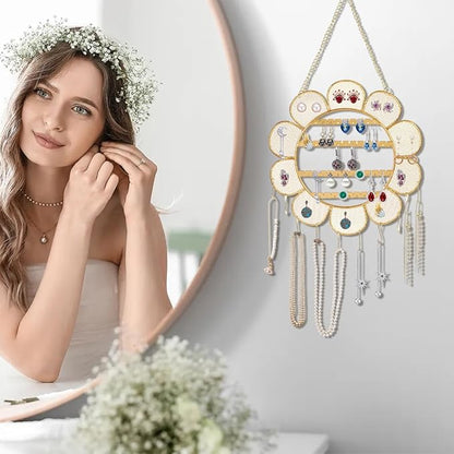 Sunflower Wall Mounted Earring Holder Rack Jewelry Organizer Wall Grid Organizer Necklace Holder Hanging Jewelry Storage for Necklaces Bracelet Stud Earrings Display (Flower)
