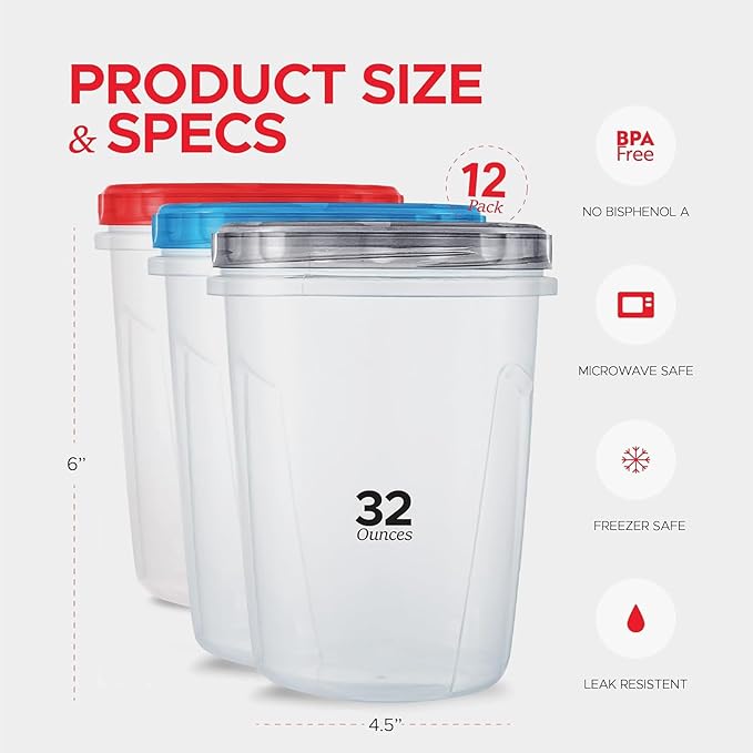 Tafura 12 Pack Leakproof Freezer Containers for Food with Twist Top Lids - 32 Oz - Black/Blue/Red Lids