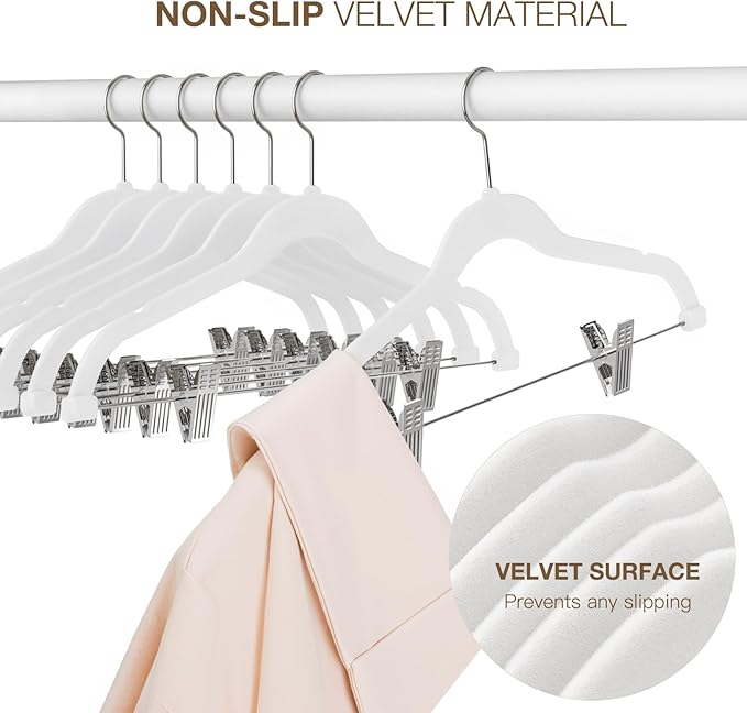 Korpai 36-Pack White Velvet Hangers with Clips Adjustable,Adult Hangers,Outfit Hanger,Heavy-Duty,Felt,Non-Slip,Space Saving, for Pants, Skirts, Suits,Coats, Dresses ect.