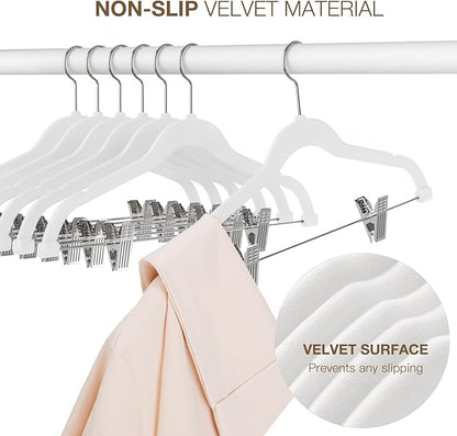 Korpai 36-Pack White Velvet Hangers with Clips Adjustable,Adult Hangers,Outfit Hanger,Heavy-Duty,Felt,Non-Slip,Space Saving, for Pants, Skirts, Suits,Coats, Dresses ect.