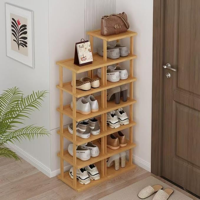 SAN HE Bamboo Shoe Rack 5Tier- Vertical Shoe Rack for Small Spaces, Tall Narrow Shoe Rack Organizer for Closet Entryway Corner Garage and Bedroom,Skinny Shoe Shelf with Free Stackable DIY